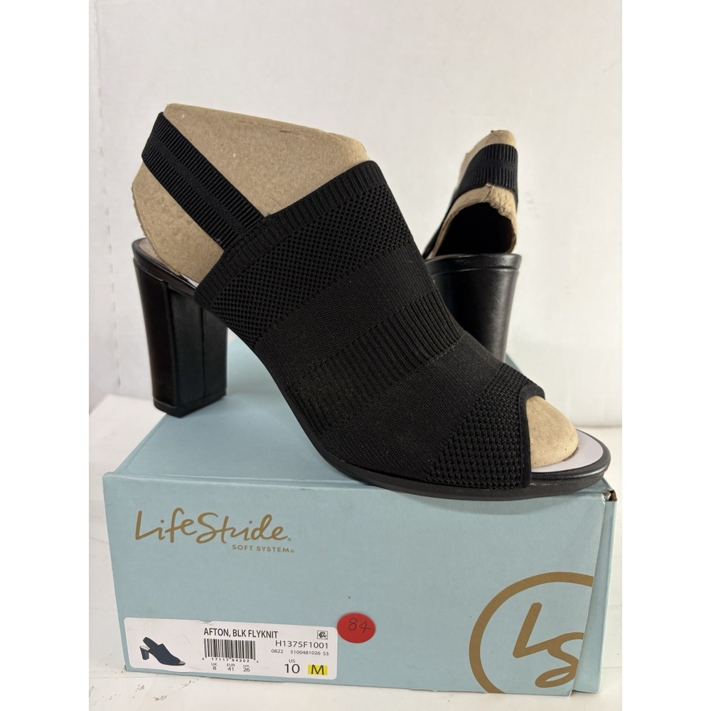 LifeStride Women's Black Afton Flyknit Slingback Peep Toe Heeled Sandals Sz 10M